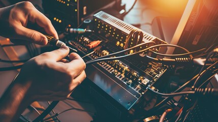 Canvas Print - Network engineer's hands configuring a router, close-up, with tools in foreground, clear lighting.