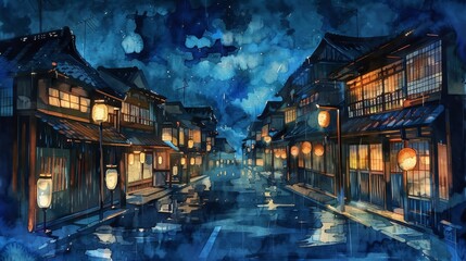 Night Street in Traditional Japanese Town, Generative AI