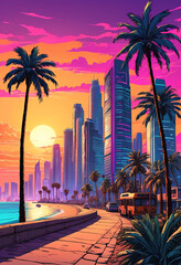 a vibrant coastal city at sunset with palm trees and skyscrapers illustration