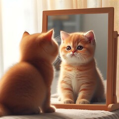 Orange kitten is looking at its reflection in the mirror, graphic illustration image generative ai