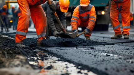 Wall Mural - Asphalt road repair work by workers in orange uniforms