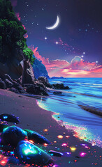 Wall Mural - A beautiful beach with glowing colorful stones, the moon and stars in the sky