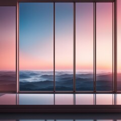 Wall Mural - panoramic view of modern bedroom with empty window in sunset. 3d illustration