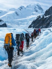 Wall Mural - A group of adventurers on a guided glacier hike. stock photo