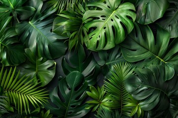 Wall Mural - Green jungle abundant with different plants and leaves. Biodiversity concept