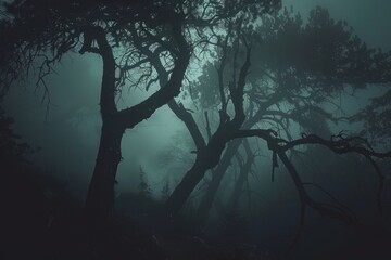 Wall Mural - Trees in a foggy forest at night. Atmospheric nature concept