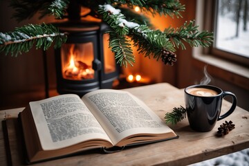 Winter home cozy concept with cup of coffee and book on table. Winter home decor. Copy space