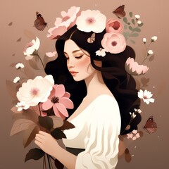 Wall Mural - woman in white dress, flowers and leaves, vector illustration