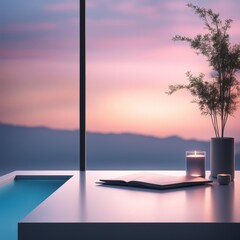 Wall Mural - empty wooden table with beautiful modern evening view of the sunset, 3d illustration, computer digital drawing