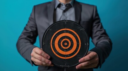 businessman holding a dartboard on a neutral background