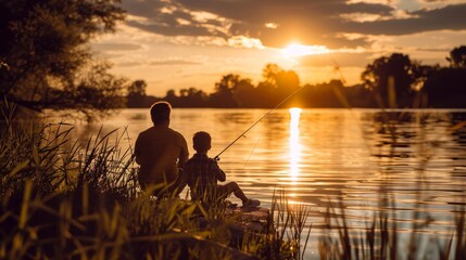 Father and son fishing at sunset on the lake.,Father's Day, family day ,fishing 
