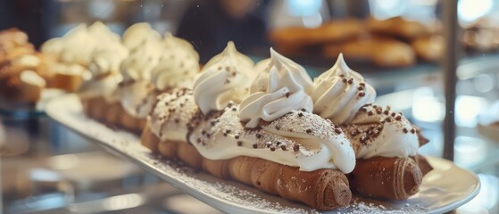 cannoli with white cream, elegant gourmet pastry in a nice setting and natural light on a blurred background
