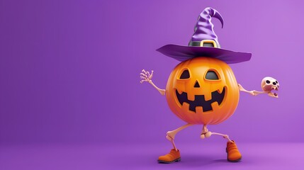 Wall Mural - Happy Halloween concept Pumpkins character dancing wearing witch hat skull bone on purple background