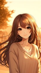 Poster - AI-generated illustration of A girl gazes into the distance at sunset