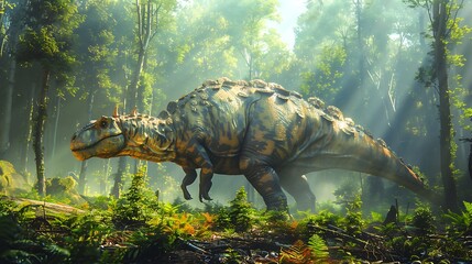 Wall Mural - Plateosaurus feeding plants in a dense forest with sunlight streaming through the trees