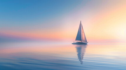 Wall Mural - A sailboat is floating on a calm body of water. The sky is a mix of pink and blue, creating a serene and peaceful atmosphere. The boat is the main focus of the image