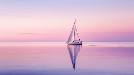 Wall Mural - A sailboat is floating on a calm body of water. The sky is a mix of pink and blue, creating a serene and peaceful atmosphere. The boat is the main focus of the image