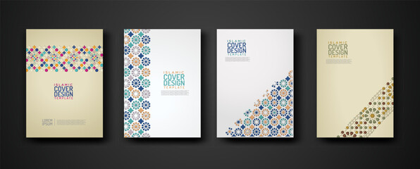 Wall Mural - Set islamic cover design template with colorful detail and texture of floral mosaic islamic art ornament.