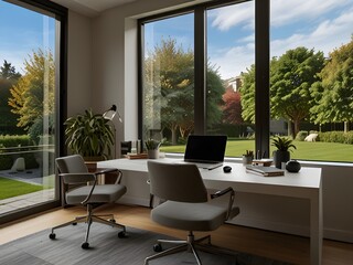 Home office with a sleek desk, stylish chair, and a large window with garden views, tranquil and inspiring, generative AI