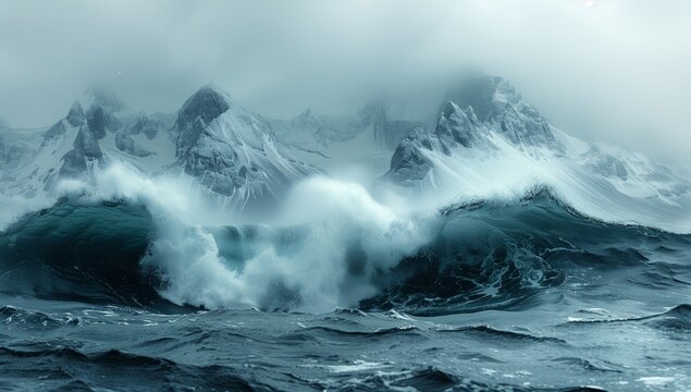 Majestic landscape with water, mountains, and crashing waves under a cloudy sky