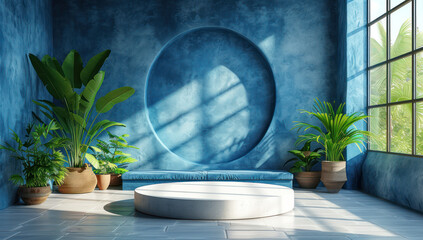 Fototapete - Large Product Presentation Room with Plants and Pedestal extreme closeup. Generative AI