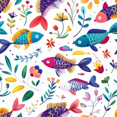 Wall Mural - Seamless pattern with fish. Lovely, pretty pattern of fish and flowers, leaves. for fabric, silk, printing.