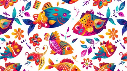 Wall Mural - Seamless pattern with fish. Lovely, pretty pattern of fish and flowers, leaves. for fabric, silk, printing.