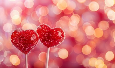 Close-up of two lollipops in the shape of red caramel hearts on a stick on a blurred rainbow background. Romantic banner for Valentine's Day. Pink lollipop heart for valentine's day, place for  text.