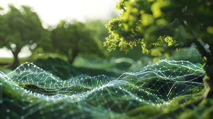 Delicate Spider Web Covered in Glistening Morning Dew Droplets in Natural Green Foliage Landscape