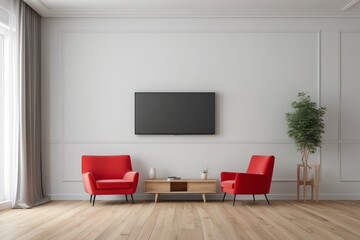 Wall Mural - Interior home of living room with LED TV on wooden cabinet and red armchair on white wall copy space