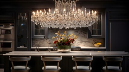Wall Mural - A statement chandelier hangs over a chic kitchen island
