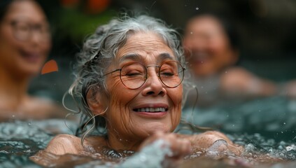 Poster - Happy elderly woman with glasses smiles while swimming in hot tub