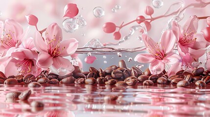 Sticker - Coffee beans in water on a pink background. 