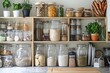 © NEW - Modern pantry with organized glass jars containing various food ingredients and spices, creating a neat and stylish storage solution.