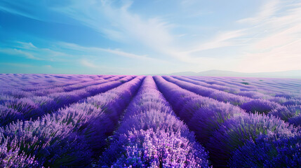 Serene lavender field in full bloom, stretching to the horizon with vibrant purple flowers, under a clear blue sky