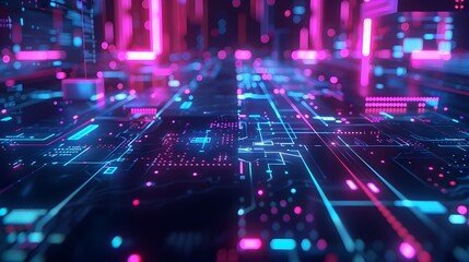 Vibrant Futuristic Circuit Landscape in Neon Cityscape
