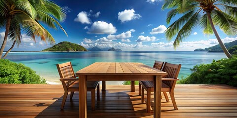 Scenic render of wooden table overlooking tropical ocean, wooden table, render, scenic, tropical ocean, serene, isolated, relaxation, vacation, tranquil, paradise, seascape, horizon, beach