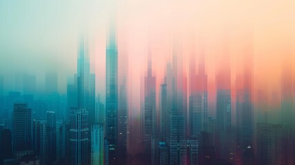 Soft-focused city skyline in blue and pink hues at dusk, capturing an abstract beauty. Abstract depiction of a city skyline. 