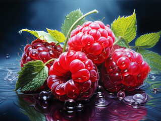 Wall Mural - Generous Side view of bowl of raspberry with flower and leaves on wooden surface