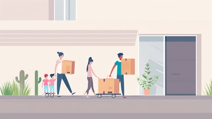 A flat design illustration depicting a family on moving day, carrying boxes into their new house. The minimalist background emphasizes the excitement and busy activity of settling into a new home.