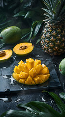 Wall Mural - Tropical fruits like pineapple and mango displayed on a table