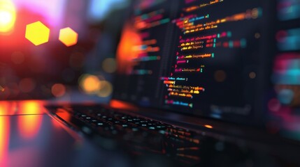 A close-up on a laptop screen displaying code with cloud service APIs and a blurred background of a modern data center, DevOps, Cloud Technologies, dynamic and dramatic compositions 