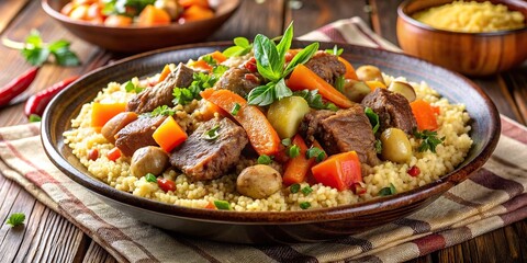 A delicious traditional Moroccan couscous dish, featuring slow-cooked vegetables, tender lamb, and a flavorful sauce , Moroccan, couscous, dish, slow-cooked, vegetables, lamb, flavorful