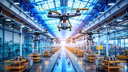 Blurred background of a futuristic drones and robots factory , technology, automation, machinery, production line, industrial, manufacturing, assembly, robotic arms, innovation, futuristic