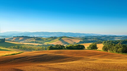 Wall Mural - A peaceful countryside landscape with rolling hills and farm fields stretching towards the horizon, under a clear blue sky.