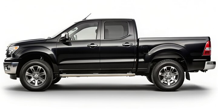 Side view of a black pickup truck on a white background , pickup truck, side view, , black, white background, vehicle, transportation, automotive, pickup, truck, car, isolated