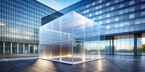 Frosted glass cube in a modern enterprise zone setting, enterprise zone, scene, frosted glass, cube, modern, technology, industry, futuristic, urban, architecture, cityscape, office park