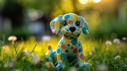 Adorable plasticine puppy with floppy ears, a wagging tail, and spots of various colors, sitting in a grassy park