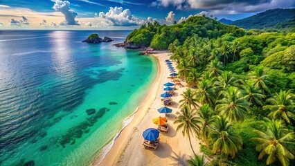 Poster - A panoramic aerial view of a tropical beach with a shore, sand beach, blue sea, and sun beach umbrella , beach, tropical, panoramic, aerial view, shore, sand, blue sea, sun, umbrella
