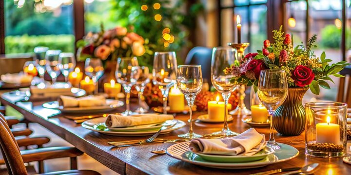 Close-up of beautifully set table in restaurant for family dinner celebration, restaurant, table setting, dinner, meal, celebration, family, gathering, close-up, event, formal, elegant